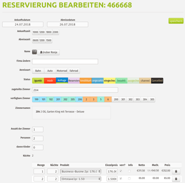 Zimmer in der Reservierung zuteilen in der igumbi Hotelsoftware Ein Zimmer der Reservierung / Hotelbuchung zuteilen - in der igumbi Hotelsoftware - geht direkt aus der Reservierung, es werden nur die verfügbaren Zimmer am Belegungsplan des Hotel Reservierungsprogramms für die Termine angezeigt.
