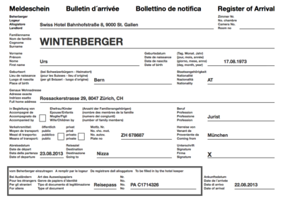 Schweizer Meldeschein Der Schweizer Hotel Meldeschein - als PDF Datei aus der igumbi online Hotelsoftware. Zum Ausdrucken und unterschreiben (Bulletin d´arrivée, Bollettino de notifica, Register of Arrival) online hotelsoftware schweiz meldeschein meldezettel