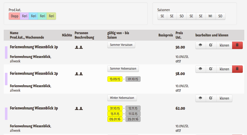 Saisonpreise in Produktliste Produktliste mit Saisonpreisen in der igumbi Hotelsoftware