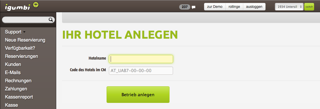 Anlegen mit Seekda Code Betrieb mit dem Seekda "Betrieb-Code" in igumbi anlegen, die Stammdaten werden aus Seekda geholt.