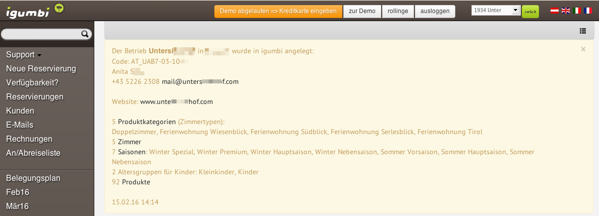 Zusammenfassung beim Anlegen Zusammenfassung der Datensätze die beim Anlegen des Betriebs generiert wurden.