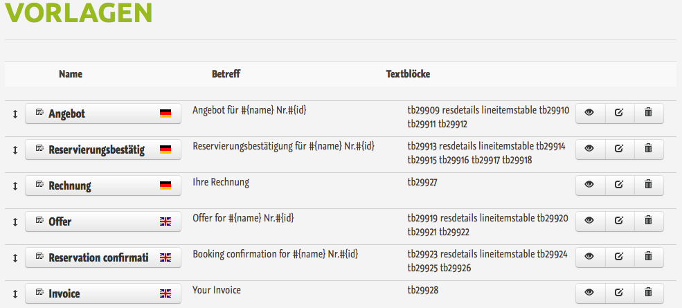 E-Mail Vorlagen Liste der E-Mail Vorlagen für einen neu angelegten Betrieb.