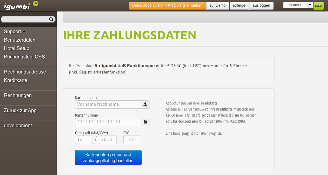 Preisplan und Kreditkarte Der monatliche Preisplan wird berechnet, Kreditkarte zur Zahlung eintragen