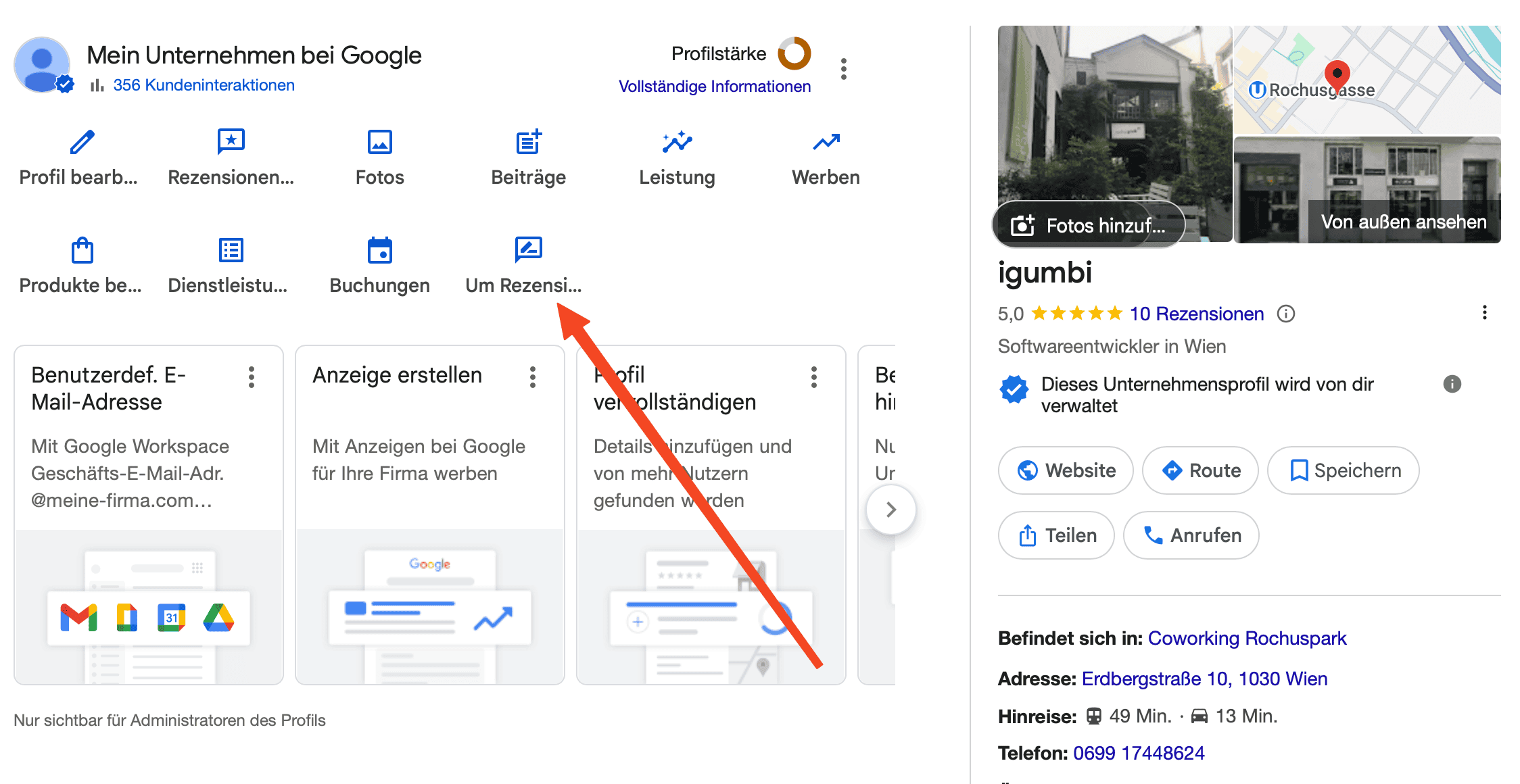 "Bewerten Sie uns auf Google" - Google My Business Dashboard: Schritt 1 - Navigation zum 'Um Rezensionen' Button um den Bewertungsaufruf-Link zu finden