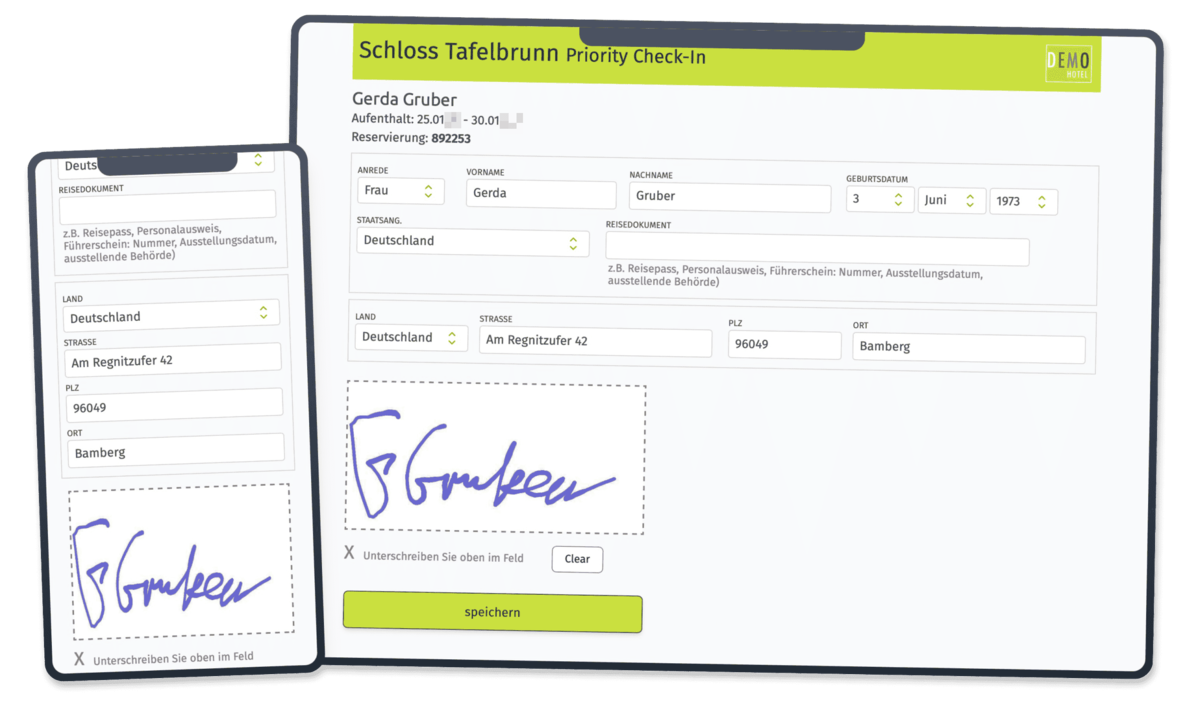 Online Check-In Formular für Hotel und Ferienwohnung – Responsives Webformular auf Smartphone und Tablet mit digitaler Unterschrift