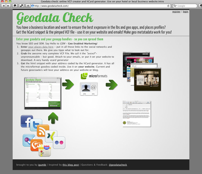 Geodatacheck.com: online VCF creator and hCard generator. Use on your hotel or local business website - brought to you by igumbi