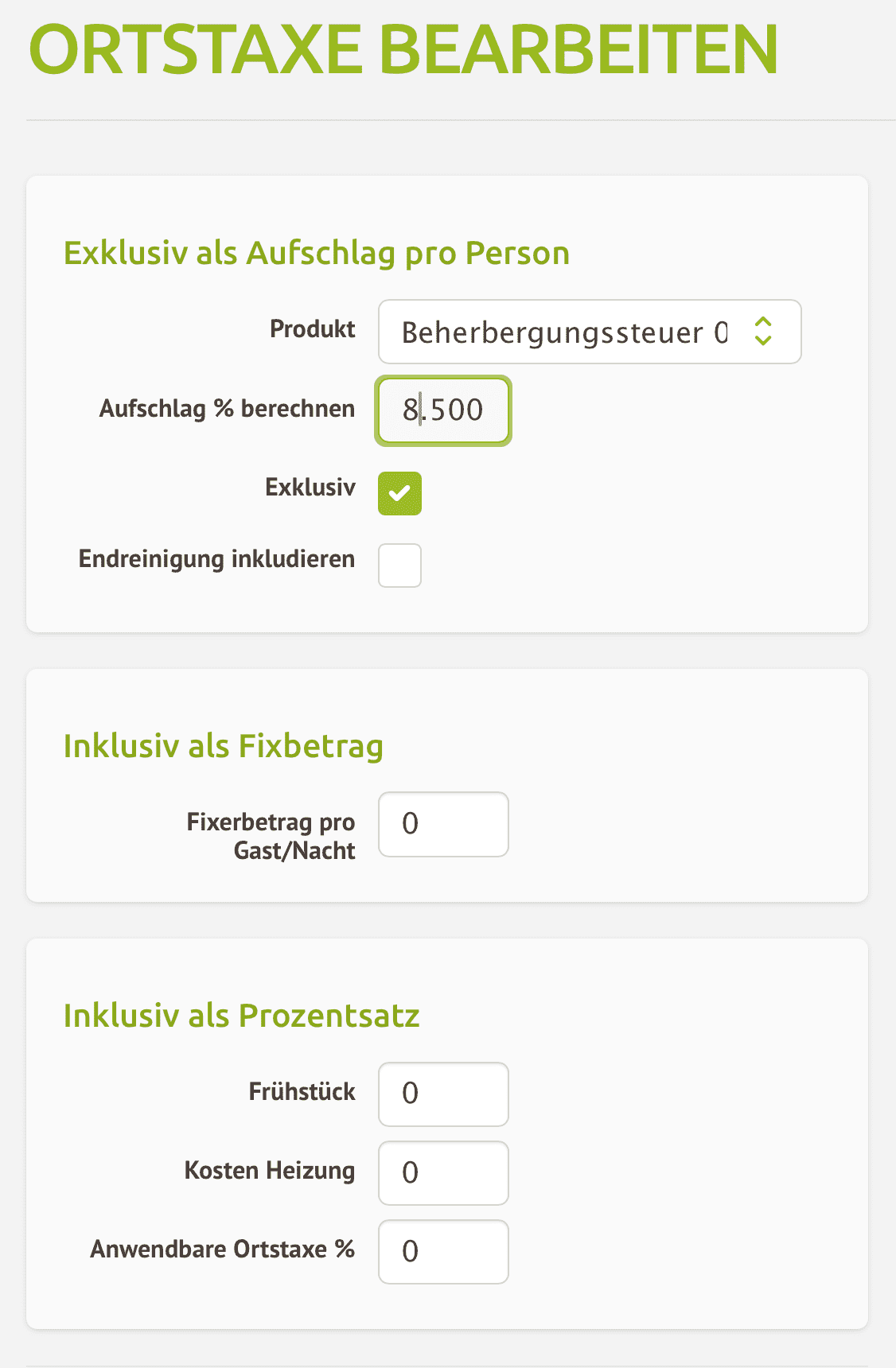 Einstellung der Ortstaxe für die Exklusiv Verrechnung