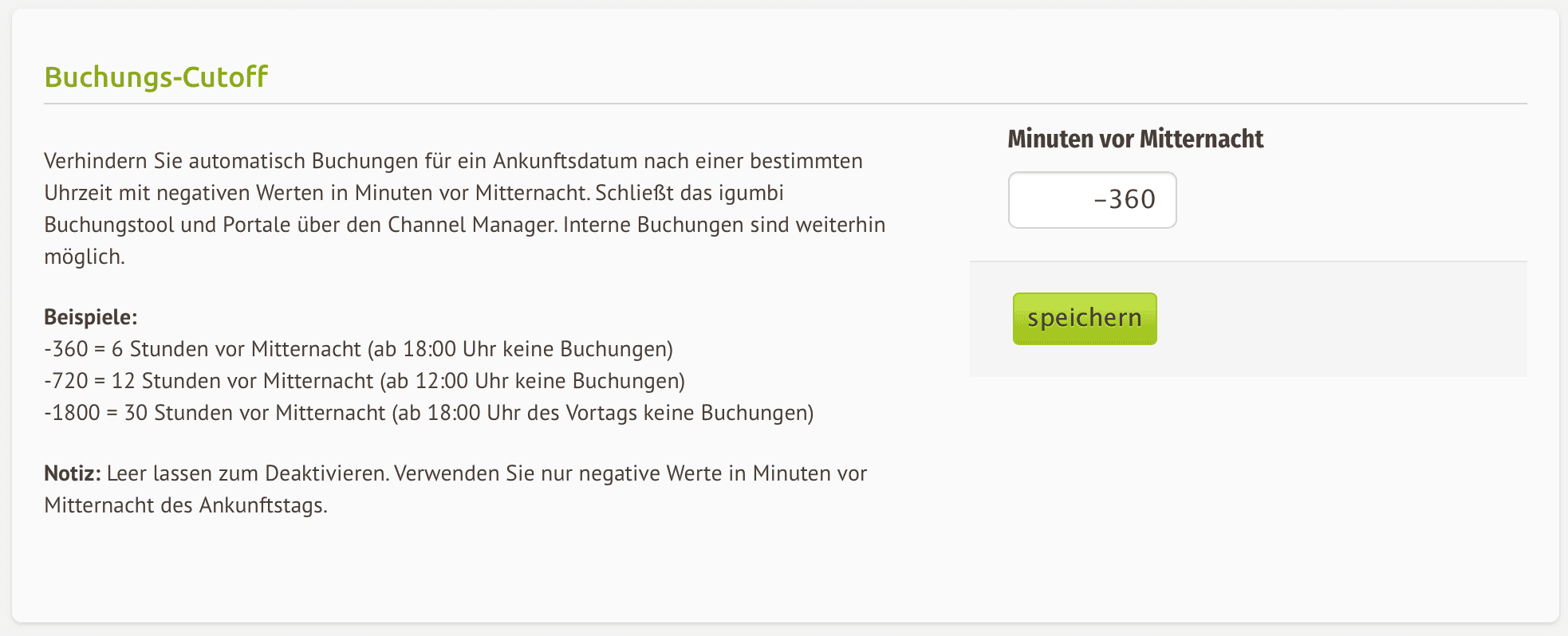Einstellungen bei Setup um die Minuten vor Mitternacht am Anreisetag einzustellen.