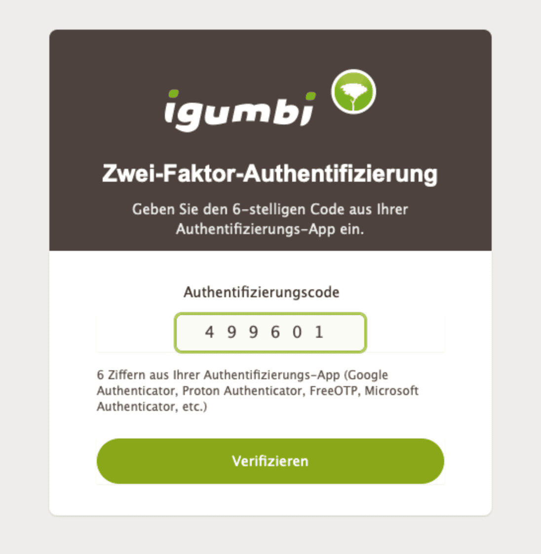 igumbi LOGIN Zwei-Faktor-Authentifizierungsbildschirm mit Eingabefeld für 6-stelligen Code aus Authentifizierungs-App und grüner Verifizieren-Schaltfläche
