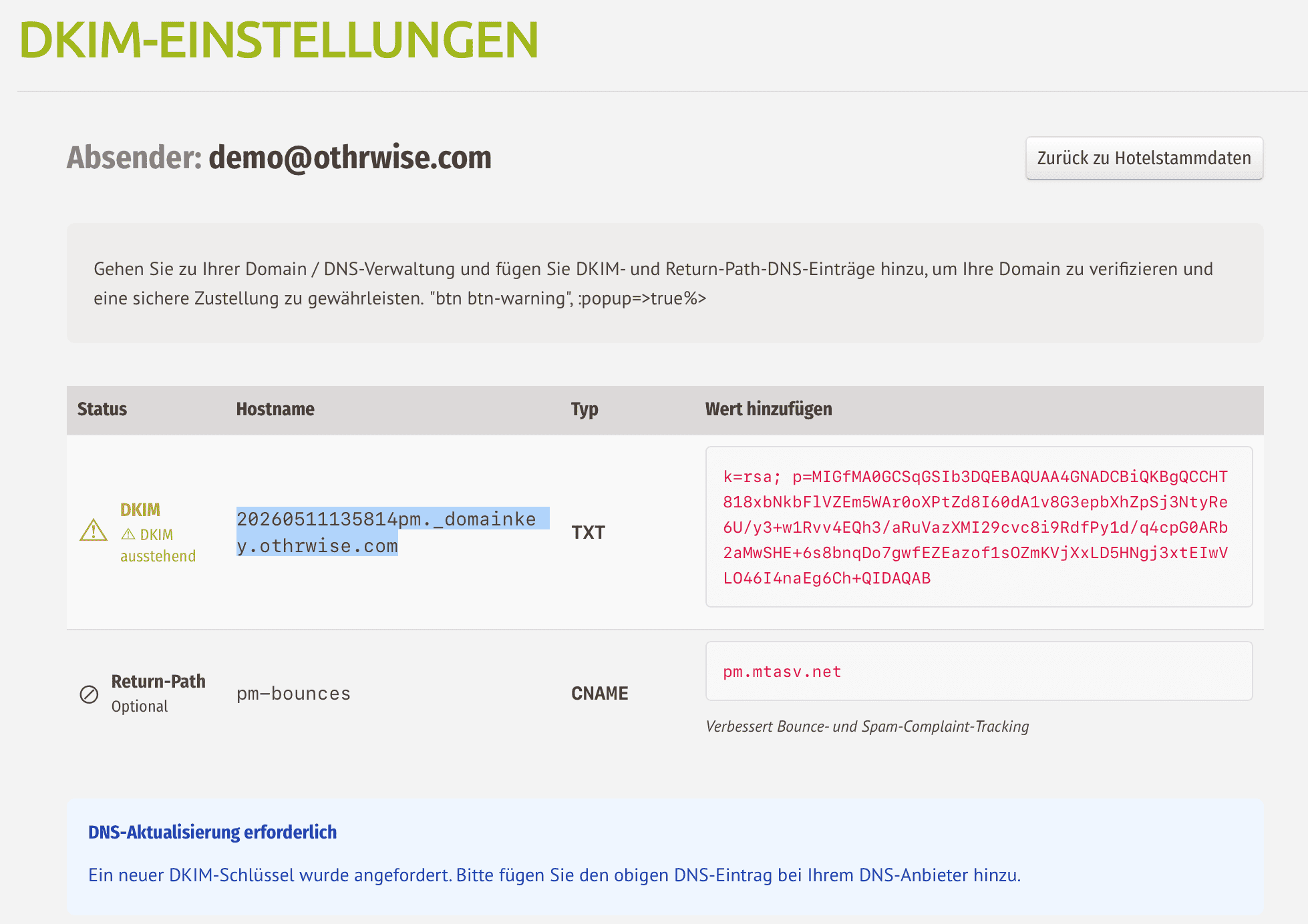 igumbi DKIM-Einstellungen, Tabelle mit DKIM TXT-Hostname und Schlüsselwert sowie Return-Path CNAME, Status ausstehend