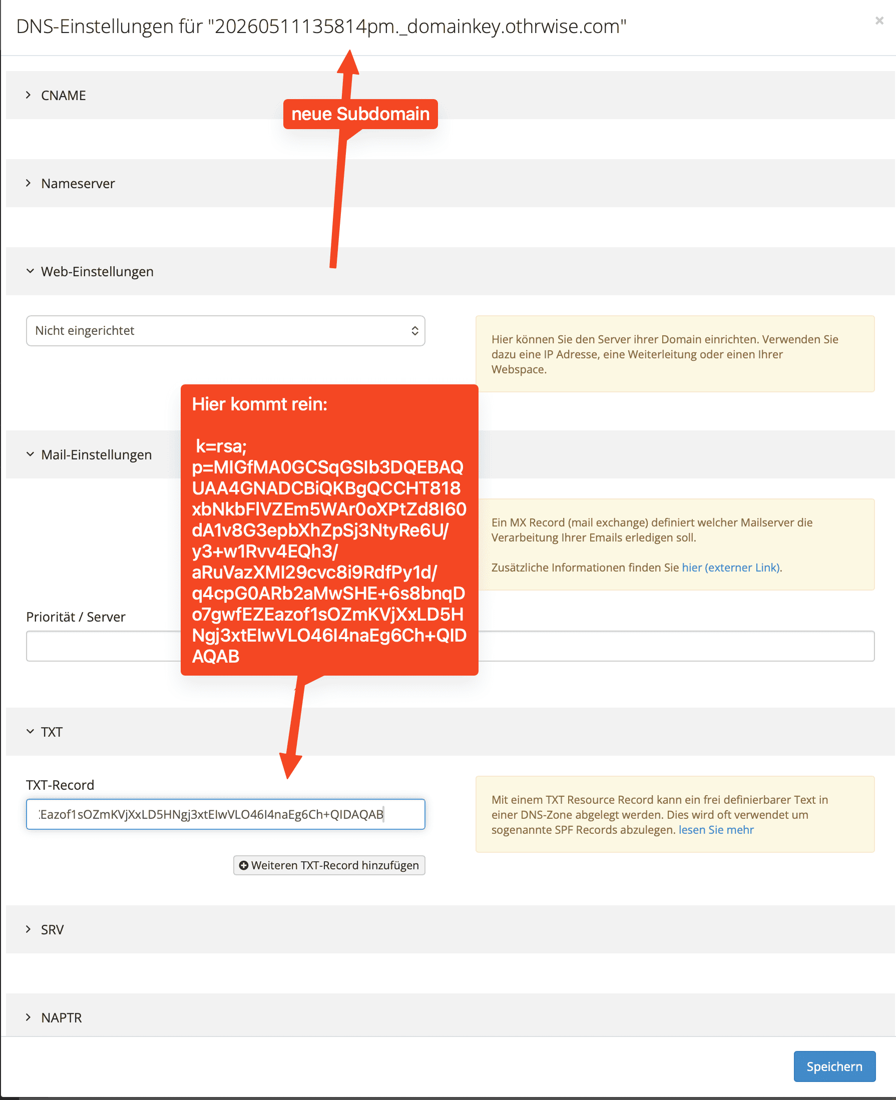  DNS-Verwaltung beim Domain-Provider, Annotation zeigt wo der DKIM-Schlüssel als TXT-Eintrag in eine neue Subdomain eingetragen wird