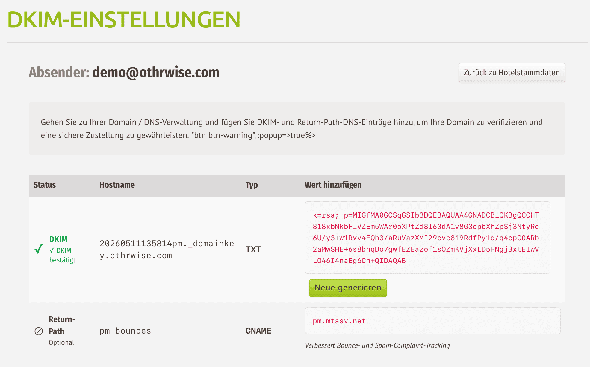 igumbi DKIM-Einstellungen mit grünem Häkchen „DKIM bestätigt" und sichtbarem Button „Neue generieren" für Schlüsselerneuerung