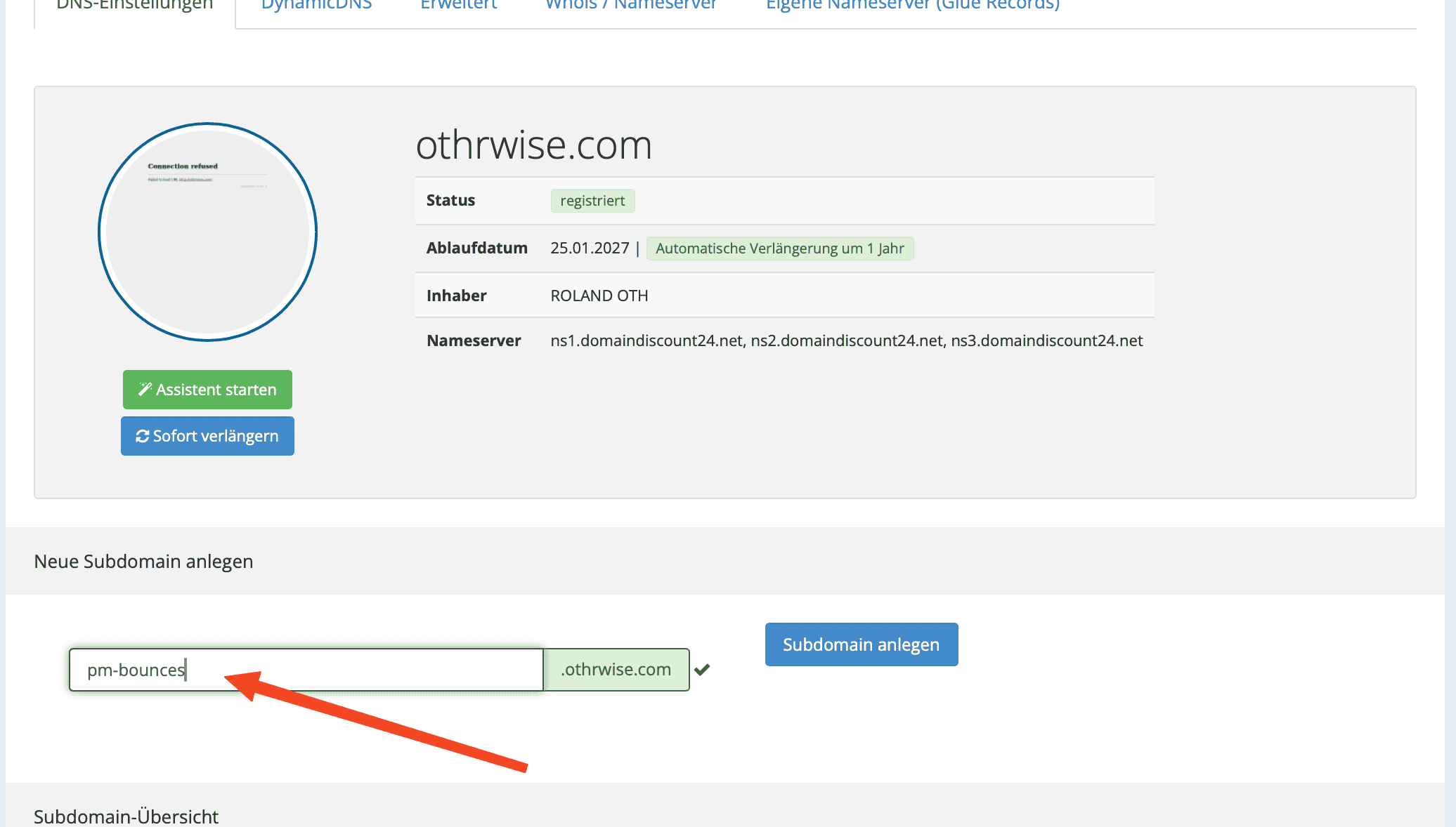 Domain-Provider DNS-Einstellungen, Feld „Neue Subdomain anlegen" mit eingetragener Subdomain „pm-bounces" für den Return-Path CNAME