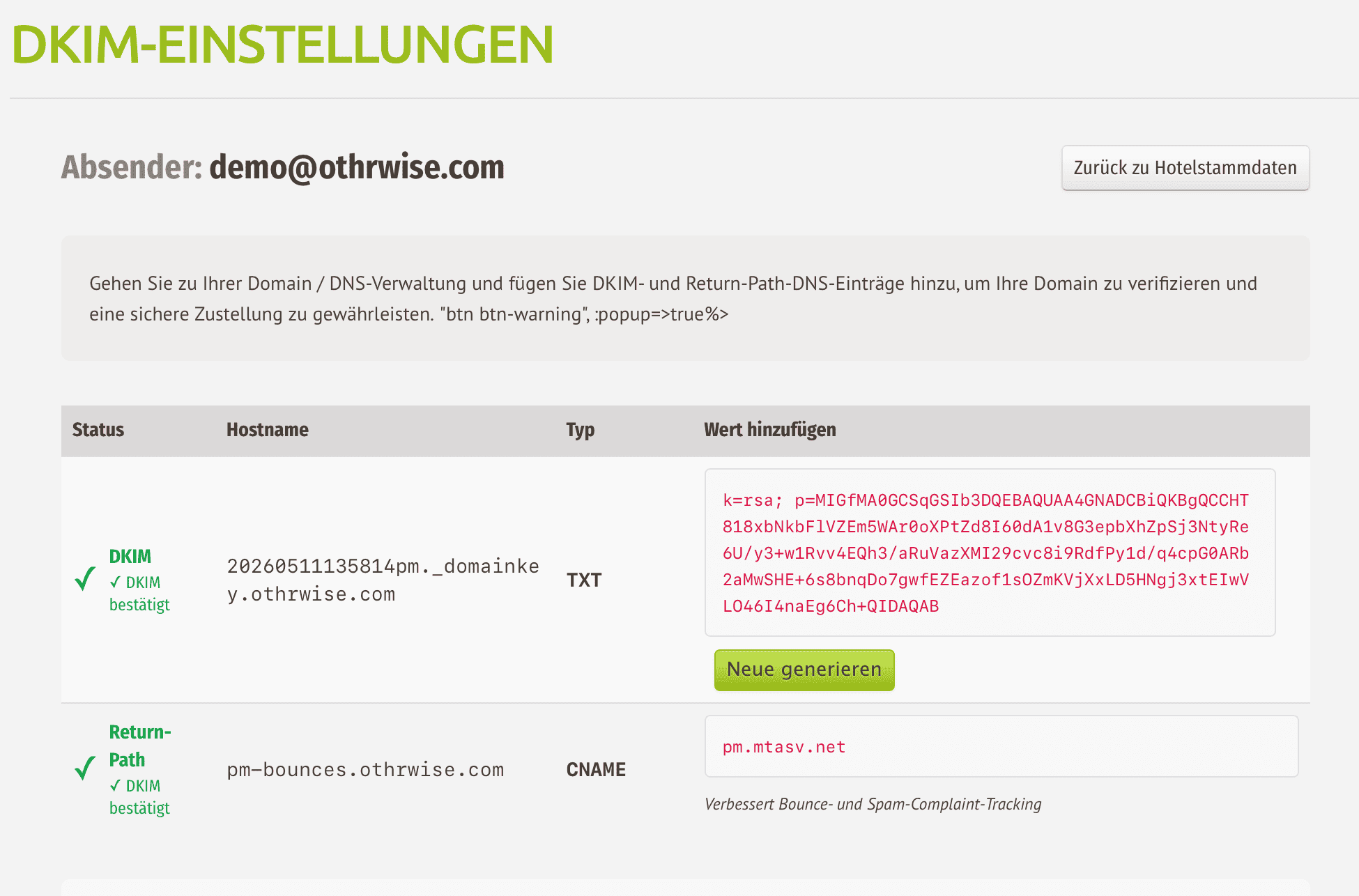 igumbi DKIM-Einstellungen mit Annotation „Beide Einträge bestätigt", Pfeile auf DKIM und Return-Path, beide mit grünem Häkchen
