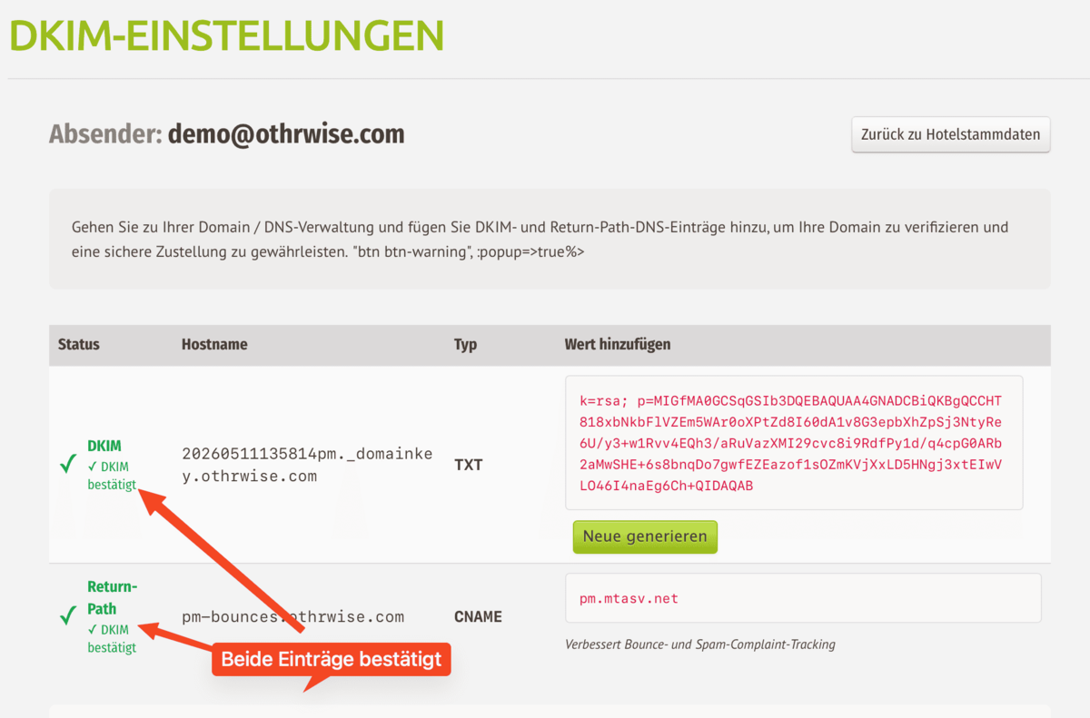 igumbi DKIM-Einstellungen mit DKIM und Return-Path beide grün bestätigt, Button „Neue generieren" für künftige Schlüsselerneuerung