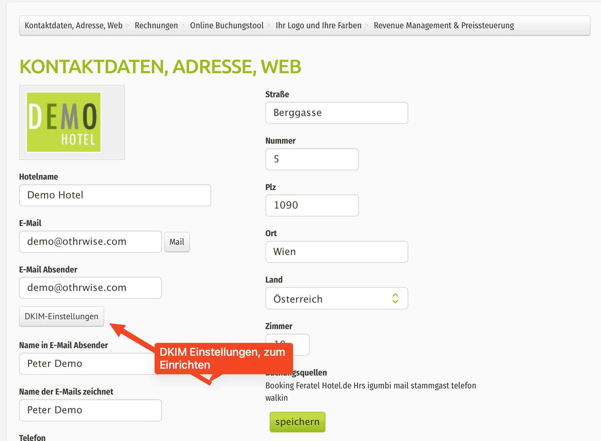 igumbi Hotelstammdaten mit hervorgehobenem Button „DKIM-Einstellungen" direkt neben dem Feld E-Mail Absender