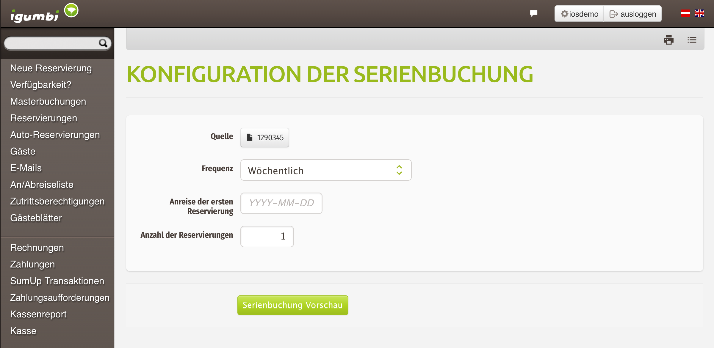 Konfiguration der Serienbuchung Formular zur Konfiguration einer wöchentlichen Serienbuchung mit Startdatum und Anzahl der Reservierungen