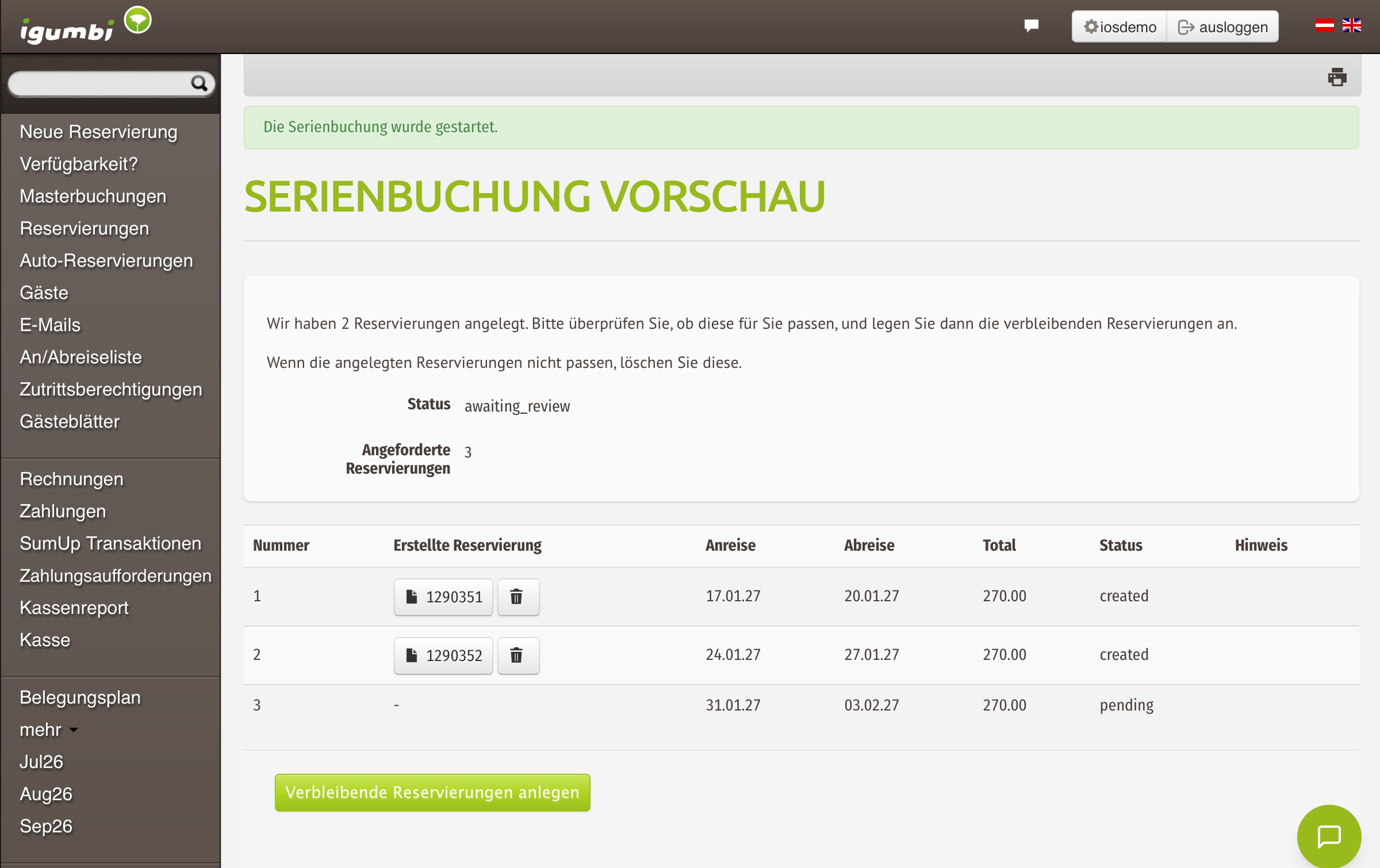 Prüf-Schritt nach den ersten zwei Terminen Review-Ansicht nach dem Anlegen der ersten zwei Reservierungen einer Serienbuchung, mit Option zum Fortsetzen oder Stoppen