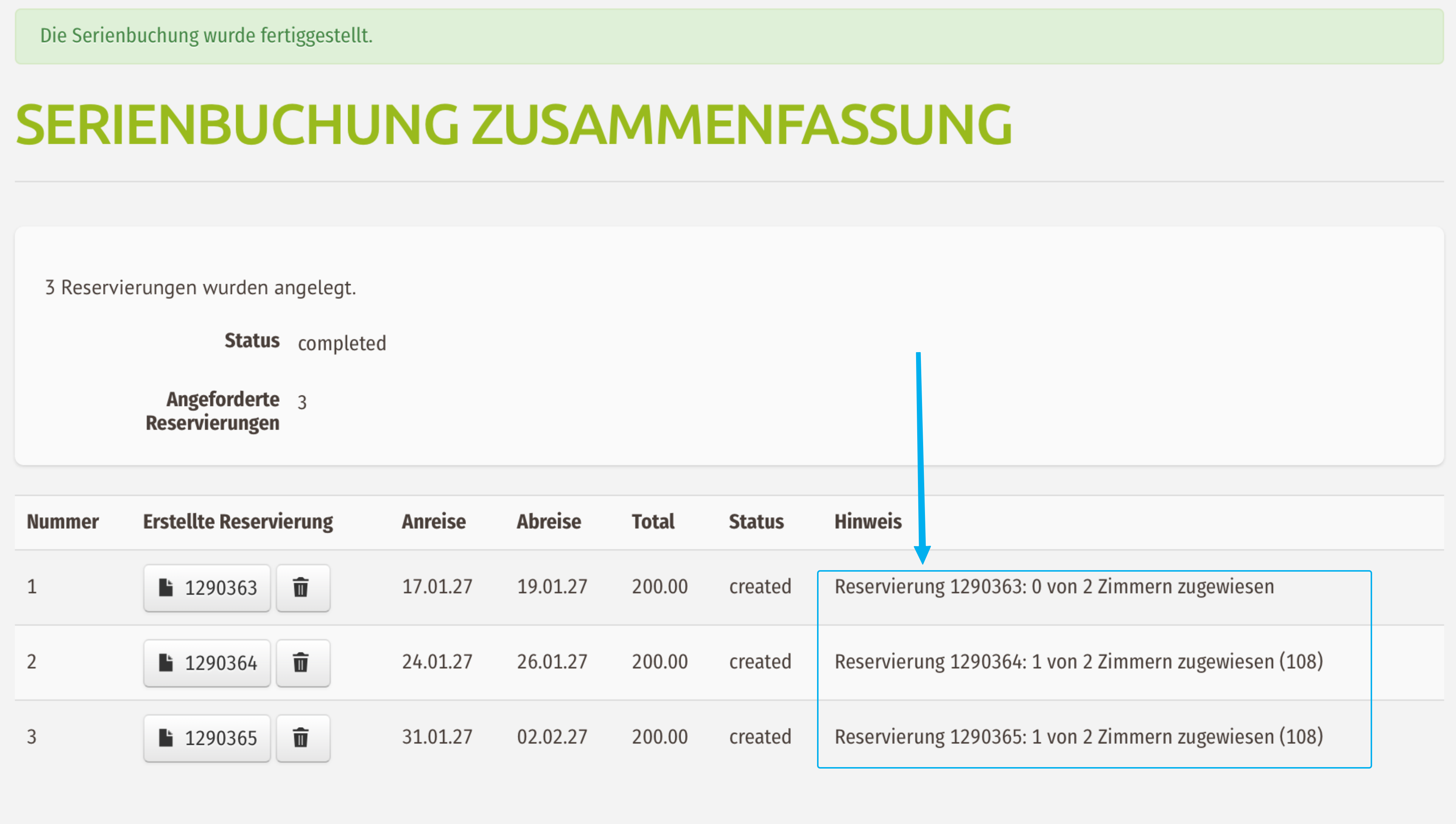 Ergebnis mit Zimmerzuweisungs-Warnung Zusammenfassung einer abgeschlossenen Serienbuchung mit Hinweis auf eine unvollständige Zimmerzuweisung