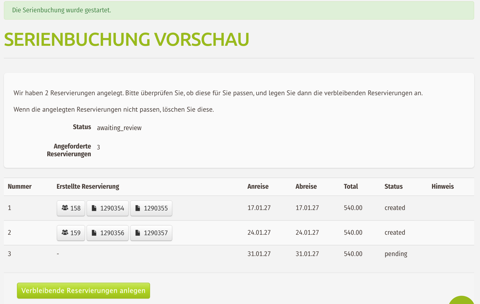 Review-Ansicht einer geklonten Masterbuchung Prüf-Schritt nach dem Klonen einer Masterbuchung mit allen zugehörigen Einzelreservierungen je Gruppe